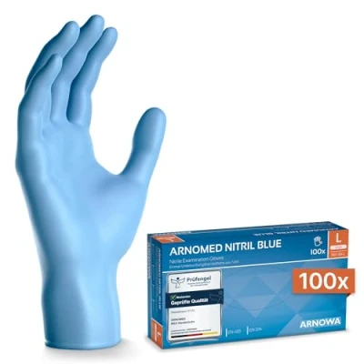 Abbildung von ARNOMED Nitril Einweghandschuhe 100 Stück/Box, L, puderfreie &amp; latexfreie Einmalhandschuhe, Blaue Nitrilhandschuhe, in Gr. XS, S, M, XL XXL verfügbar