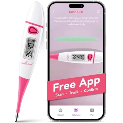 Abbildung von Easy@Home Basalthermometer zur Zykluskontrolle: Basaltemperatur Thermometer Kinderwunsch Fruchtbarkeitsthermometer für Fruchtbarkeit und Eisprung Tracking mit Intelligent Premom APP (Rosa)