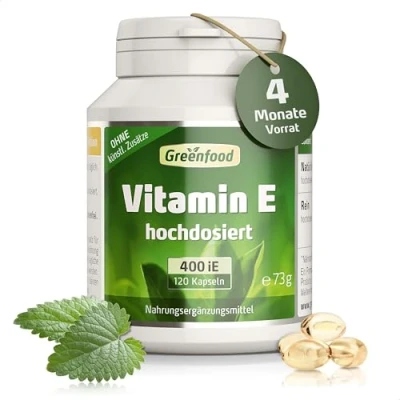 Abbildung von Vitamin E Hochdosiert mit 400 iE pro Tag (120 Softgels) Tocopherol unterstützt den Schutz der Zellen vor oxidativem Stress ohne Zusätze, Gentechnik und laborgeprüft Greenfood
