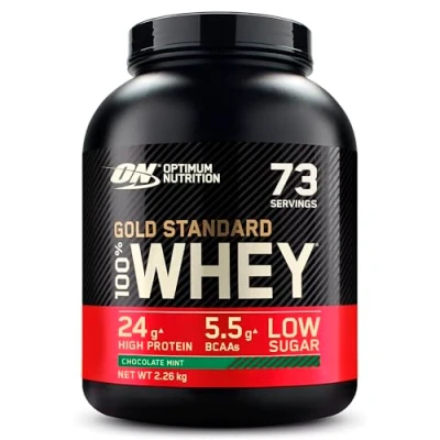 Abbildung von Optimum Nutrition Gold Standard 100% Molkenproteinpulver für Muskelaufbau und regeneration mit natürlich vorkommendem Glutamin BCAA Aminosäuren, Chocolate Mint, 73 Portionen, 2,26 kg