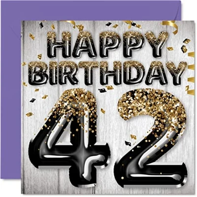 Abbildung von Geburtstagskarte zum 42. Geburtstag für Männer schwarze und goldene Glitzerballons Happy Karten 42 Jahre alten Mann Vater Freund Bruder Onkel 145 mm vierzig 22 Sekunden Grußkarten Geschenk