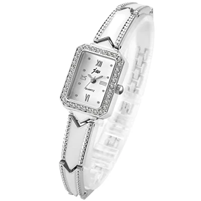 Abbildung von JewelryWe Damenuhr Elegant Analog Quarz Armbanduhr Damen Strass Rechteckig Römische Ziffern Beiläufige Uhr Spangenuhr mit Metall Armband Silber