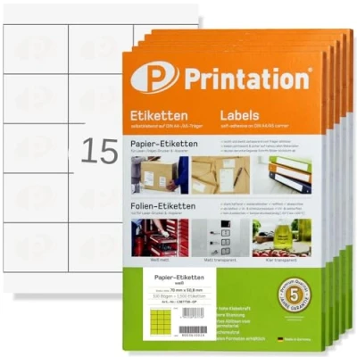 Abbildung von Printation 70 x 50,8 mm Disketten, Buch Marmeladen Etiketten selbstklebend blanko weiß 7500 Labels 70x50,8 auf 500 A4 Bogen 3x5 BigPack 16 pro Blatt Klebeetiketten bedruckbar 3669 4278 5055