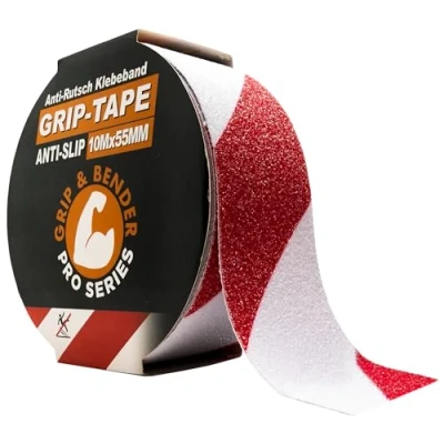 Abbildung von GRIP&amp;BENDER Anti Rutsch Klebeband für Außen, Signal Markierungsband Aussen Bereiche mit 80 Grit Körnung, Bodenmarkierungs Treppen (Rotweiß, 10M x 55MM)