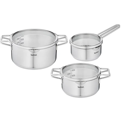 Abbildung von Tefal H852S3 Nordica 6 teiliges Topfset bestehend aus Stielkasserolle 16 cm inkl. Deckel und Kochtöpfe 20/24 Doppelgriff induktionsgeeignet alle Herdarten Edelstahl
