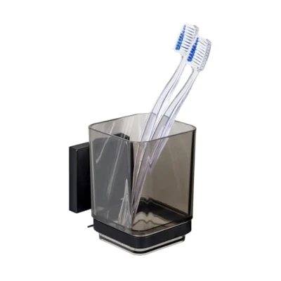Abbildung von WENKO Vacuum Loc® Zahnputzbecher Quadro, Becher aus Kunststoff mit Edelstahl Halterung, Befestigen ohne Bohren, Schwarz