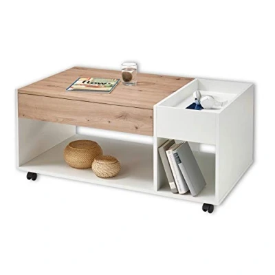 Abbildung von EMIL Moderner Couchtisch auf Rollen in Artisan Eiche Optik, Weiß mobiler Sofatisch mit Ablagefach &amp; Schublade für Ihren Wohnbereich 110 x 44 60 cm (B/H/T)