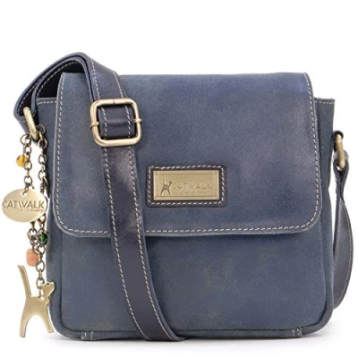 Abbildung von Catwalk Collection Handbags Damen Antik Leder Umhängetasche Crossbody Bag Klein Messenger Verstellbarer Schultergurt SABINE Blau