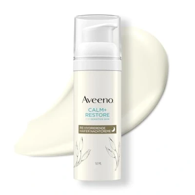 Abbildung von Aveeno CALM+RESTORE Re Hydrierende Hafer Nachtcreme (50 ml), intensive &amp; feuchtigkeitsspendende Nachtpflege mit Sheabutter, präbiotischem beruhigendem Mutterkraut für empfindliche Haut
