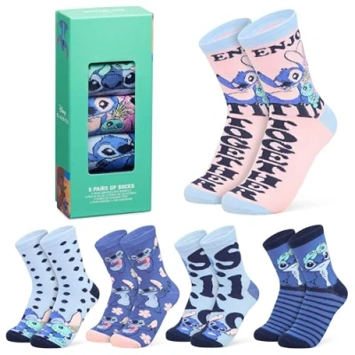 Abbildung von Disney Damen Socken, bunte warme Strümpfe mit Motiv, Geschenke für Frauen, Teenies, 5er Pack (Blau/Pfirsich Stitch)