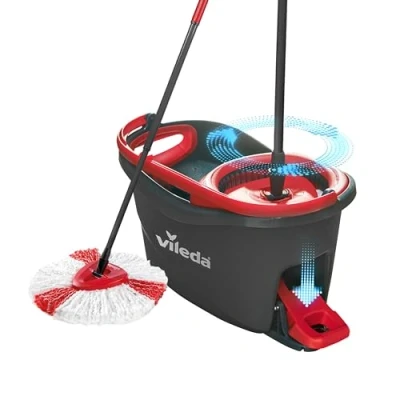 Abbildung von Vileda Turbo Wischmopp Komplett Set , Bodenwischer mit Teleskopstiel, Mikrofaser Moppkopf Kraftfasern und Eimer Powerschleuder, schnell reinigungsstark, Stiellänge 75 130cm
