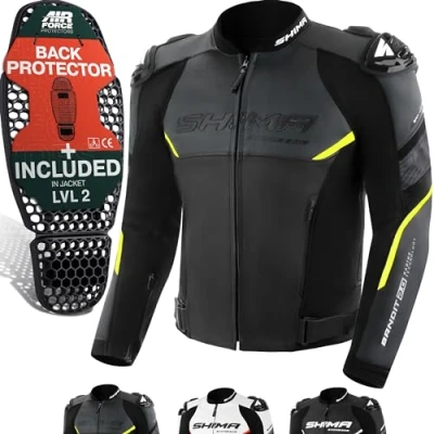 Abbildung von SHIMA BANDIT Motorrad Jacke Herren mit Protektoren AIRFORCE Rückenprotektor Leder Motorradjacke Sommer Schulter Protektor Ellbogen Lederjacke Schutzjacken Motorradkombi Stadt (Männer, Fluo, 50)