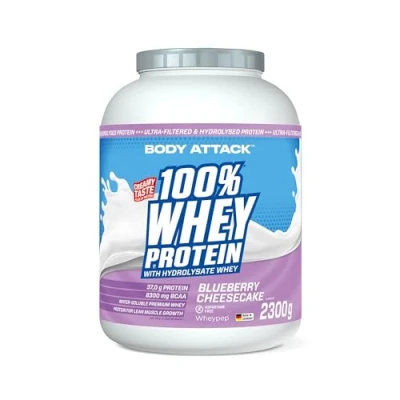 Abbildung von Body Attack 100% Whey Protein Blueberry Cheesecake 2,3 kg Made in Germany Extra cremiges Eiweißpulver mit Hydrolysat &amp; BCAA&#039;s, unterstützt Muskelaufbau und Diäten Für Sportler Athleten