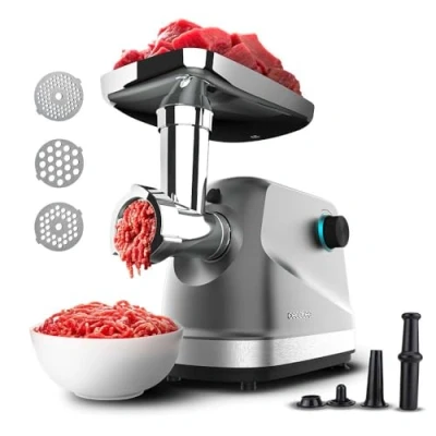 Abbildung von Cecotec Elektrische Fleischwolf Crusher 1400 Steel, 1360 W, Optimal zum Zerkleinern, Schneiden und Hacken, 1 Edelstahlmesser 3 Schneidscheiben mit Löchern für mm, 5 mm 7