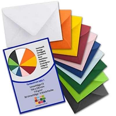Abbildung von 50 Briefumschläge Farbenmix Paket 1 DIN C5 Kuverts 22,0 x 15,4 cm mit Nassklebung ohne Fenster für Gruß Karten &amp; Einladungen Serie FarbenFroh