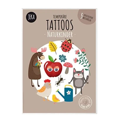 Abbildung von Hautfreundliche Kindertattoos zum Aufkleben Motiv Naturkinder, Kinder Tattoo Set mit 5 Bögen, Tattoos Kinder, 100% Vegan und Hergestellt in Österreich, JEKA