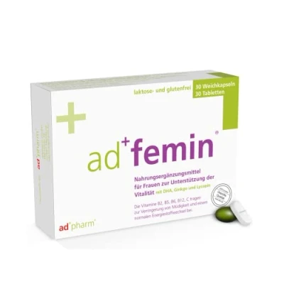 Abbildung von adfemin Monatspackung (Blister) wichtige Vitamine und Mineralstoffe sowie Algen DHA, Ginkgo biloba Lycopin (aus Tomatenextrakt)&quot;