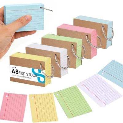 Abbildung von Koogel Karteikarten A8 mit Metallringen, 500er Set in 5 Farben, Lernkarten für Vokabeln, Formeln, Notizen, 7.3 x 5.1 cm