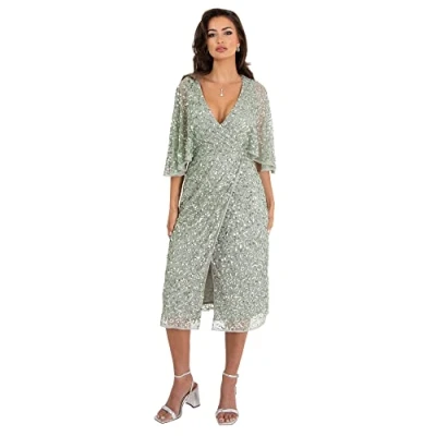 Abbildung von Maya Deluxe Damen Womens Midi Ladies Sequin Embellished Cape Sleeve Wrap Dress for Wedding Guest Bridesmaid Cocktail Prom Evening Kleid, Green Lily, 50