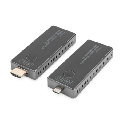 Abbildung von DIGITUS Wireless Video Extender Set 30 m Reichweite Ultra HD 4k/30Hz Sender mit USB C Stecker &amp; Empfänger HDMI Punkt zu Plug&amp;Play Schwarz Silber
