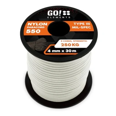 Abbildung von GO!elements 30m Paracord Seil aus reißfester Nylonschnur 4mm 550 Typ III Schnur Allzweckseil &amp; Reepschnur Max. 250kg, Farbe:Weiß