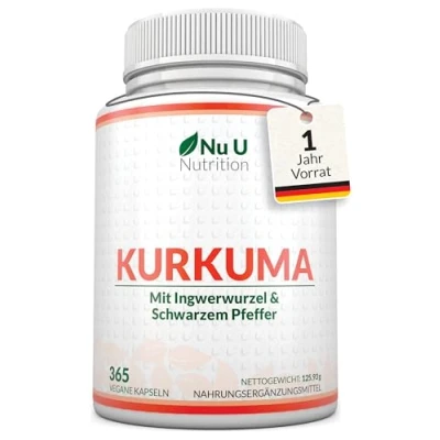Abbildung von Kurkuma Kapseln Hochdosiert 365 Vegane 1 Jahr Vorrat 720mg Curcuma Pulver mit Ingwer &amp; Piperin pro Tag Curcumin, Schwarzer Pfeffer Nu U Nutrition
