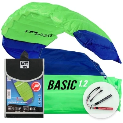 Abbildung von Wolkenstürmer® Paraflex Basic Lenkmatte 1.2 (grün) Kleiner Kite für Kinder ab 6 Jahre Drachen flugfertig mit 2x25m Polyesterleinen &amp; Flugschlaufen