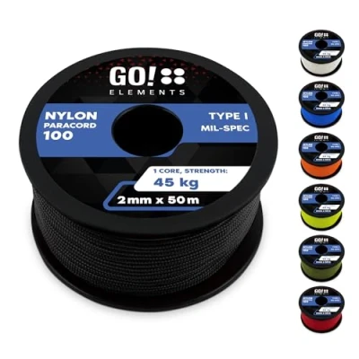 Abbildung von GO!elements 50m Paracord 2mm Seil aus reißfester Nylonschnur 100 Typ I Survival Schnur Reißfest bis 45kg geeignet als Allzweckseil, Reepschnur, Kordel, Maurerschnur, Farbe: Schwarz