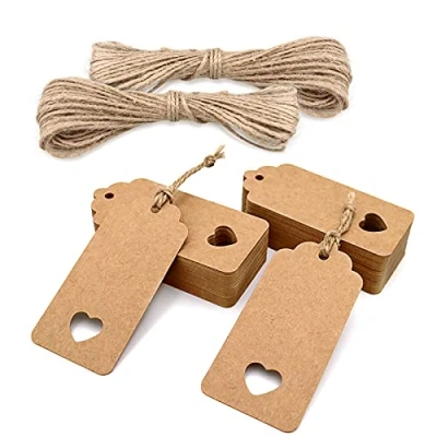 Abbildung von jijAcraft 100 Stück Geschenkanhänger Hochzeit Anhänger Kraftpapier Etiketten 9,5 x 4,5 CM, Anhängeetiketten mit Juteschnur, für Valentinstag, Hochzeit, Taufe, Weihnachten Geschenkverpackung (Braun)