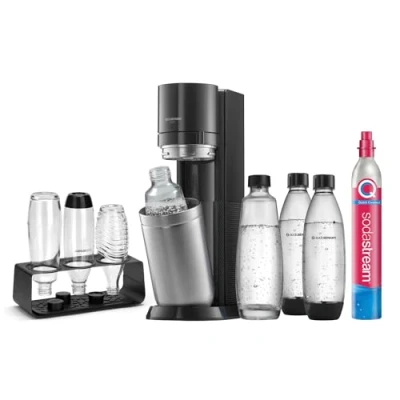 Abbildung von SodaStream Wassersprudler DUO Comfort Set mit CO2 Zylinder, 2X 1L Glasflasche, spülmaschinenfeste Kunststoff Flasche und sytlischem Flaschenhalter, Höhe: 44cm