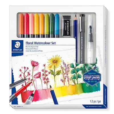 Abbildung von STAEDTLER Blumen Aquarell Set, Komplett Set ideal für florale aquarellierte Zeichnungen im farbenfrohen Design, mit Step by Anleitungen und ausführlichen Beschreibungen, 61 3001 1