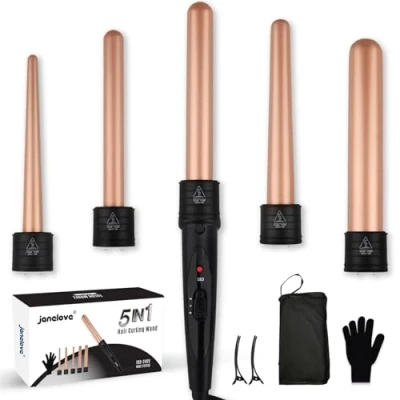 Abbildung von 5 in 1 Lockenstab Set janelove 10 32mm Keramik mit Verschiedenen Aufsätzen für Große und Kleine Locken, 2 Einstellbare Temperatur Lockenwickler Kit Handschuhe &amp; Nylontasche (Roségold)