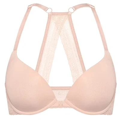 Abbildung von DOBREVA Damen Vorderverschluss Push Up BH mit Bügel Soft T Shirt Tiefen Ausschnitt BHS Neckholder Gepolsterter Blush Beige 85D