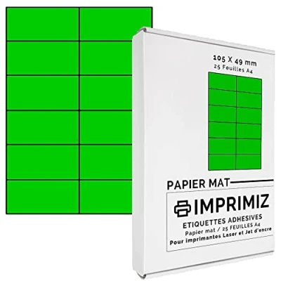 Abbildung von 300 Selbstklebende Etiketten neon grün von 105 x 49,5 mm 12 Etiketten/Blatt 25 Blatt A4 / Papier matt Farbe Für Inkjet/Laser/Kopier Drucker farbig