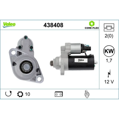 Abbildung von VALEO 438408 Anlasser 12 1,7 10 SKODA: Fabia 1 Combi, I Saloon, 2, VOLKSWAGEN: Golf 5, Polo IV Hatchback, SEAT: Ibiza 3