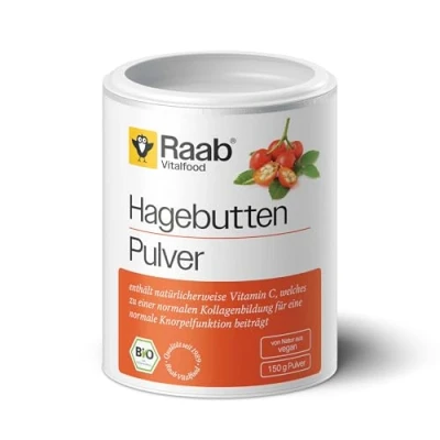 Abbildung von Raab Vitalfood Bio Hagebutten Pulver mit pflanzlichen Omega 3 &amp; 6 Fettsäuren natürlichem Vitamin C für eine normale Kollagenbildung Knorpelfunktion (150g) I Made in Germany