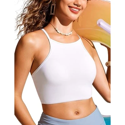Abbildung von CRZ YOGA Damen Bikinitops Stehkragen Bikini Sport BH Racerback Gepolstert Bikinioberteil Sexy Oberteil Weiss 38
