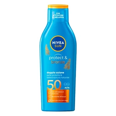 Abbildung von NIVEA SUN Sonnenmilch Protect &amp; Bronze FP 50 200 ml Sonnencreme für eine intensive und gleichmäßige Goldbräune, Sonnenschutz mit Melaninaktivator