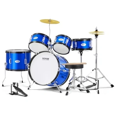 Abbildung von VEVOR Schlagzeugset für Kinder, 5 teilig, Anfänger mit Bass Toms, Snare, Standtrommel, verstellbarem Thron Becken, Hi Hat Pedal und Zwei Paar Drumsticks, blau