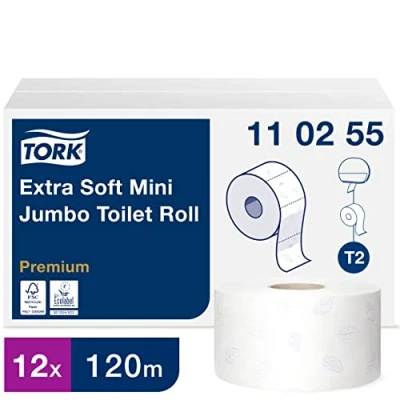 Abbildung von Tork 110255 extra weiches Mini Jumbo Toilettenpapier in Premium Qualität für das T2 Toilettenpapiersystem / 3 lagig Weiß, 12 x 600 Blatt