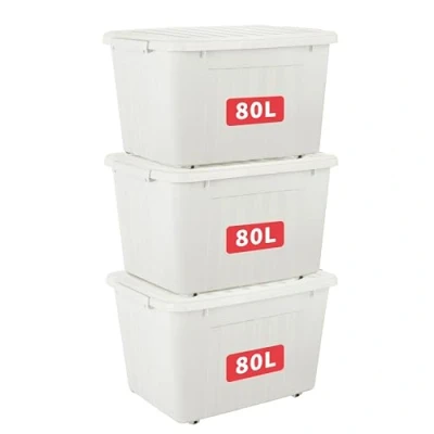 Abbildung von Cetomo 80L*3 Aufbewahrungsboxen mit Deckeln, Kunststoff Aufbewahrungsbox Rollen und Clips, Kunststoffbox für Zuhause Büro, BPA frei, Nestbar, Stapelbar, Weiß, 80L 3er Pack