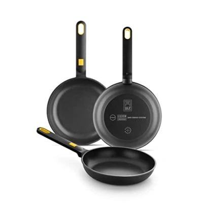 Abbildung von BRA Daily Pro Set mit 3 Bratpfannen aus Aluminiumguss, 202428 cm, dreischichtige Antihaftpfannen ohne PFOA, geeignet für alle Herdarten und Induktion, Farbe Schwarz Gelb