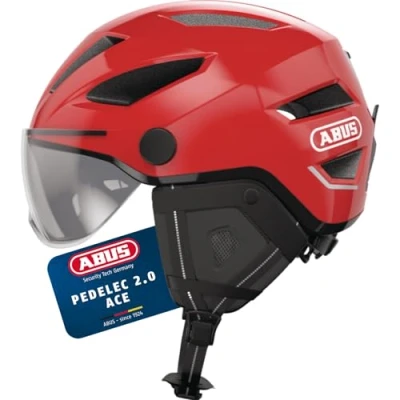 Abbildung von ABUS Stadthelm Pedelec 2.0 ACE Fahrradhelm mit Rücklicht, Visier, Regenhaube, Ohrenschutz für Damen und Herren Rot, Größe L​