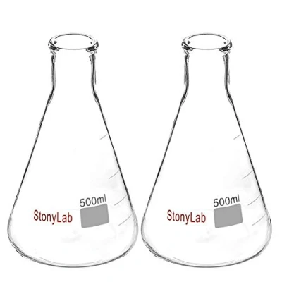 Abbildung von StonyLab 2 Pack Konisch Fläschchen Glas, 500ml Erlenmeyer Flasks Enghals Erlenmeyerkolben mit Hochleistungsrand (500 ml, Passend für 7# Gummistopfen)