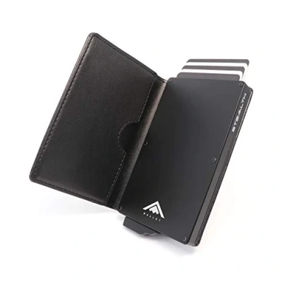 Abbildung von Stealth Wallet RFID Kartenportmonai Herren Minimalistische Pop Up Portemonnaies mit Geschenkbox Leichte Metall Kreditkartenhalter für Männer (Schwarzes Aluminium, Schwarzes Leder)