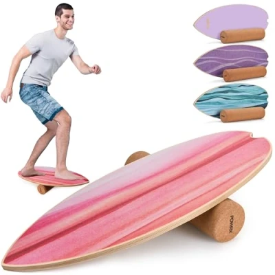 Abbildung von POWRX Surf Balance Board Holz/Balance Skateboard inkl. Rolle Koordinationstraining für Surfbrett, Surfboard, Skateboard, Sport Board, Kraft und Gleichgewichtstrainer Indoor Outdoor