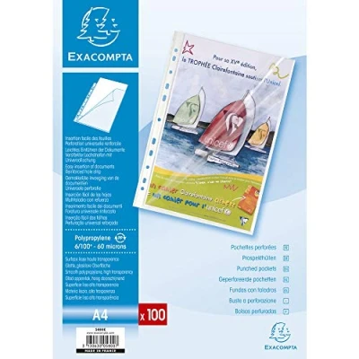 Abbildung von Exacompta 5800E 100er Pack PP Kunststoff Prospekthüllen Standard. für DIN A4 transparent glasklar oben und seitlich offen Klarsichtfolie Klarsichthülle ideal Ordner Ringbücher Hefter