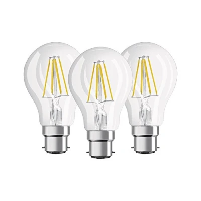 Abbildung von Osram LED Base Classic A Lampe, in Kolbenform mit B22d Sockel, nicht dimmbar, Ersetzt 60 Watt, Filamentstil Klar, Warmweiß 2700 Kelvin, 3er Pack