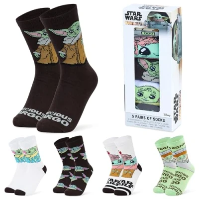 Abbildung von Disney Damen Socken, bunte warme Strümpfe mit Motiv, Geschenke für Frauen, Teenies, 5er Pack (Grün Baby Yoda)