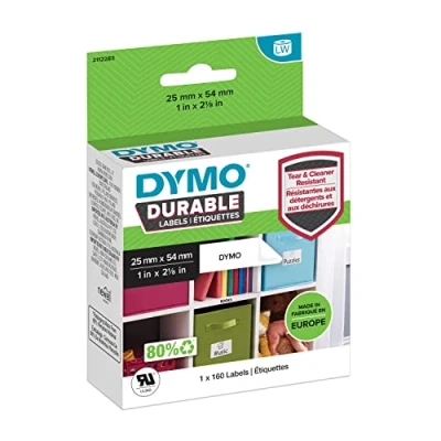 Abbildung von DYMO Original LabelWriter Hochleistungs Etiketten 25 mm x 54 weißes Kunststoff Etikett Rolle mit 160 für Beschriftungsgerät